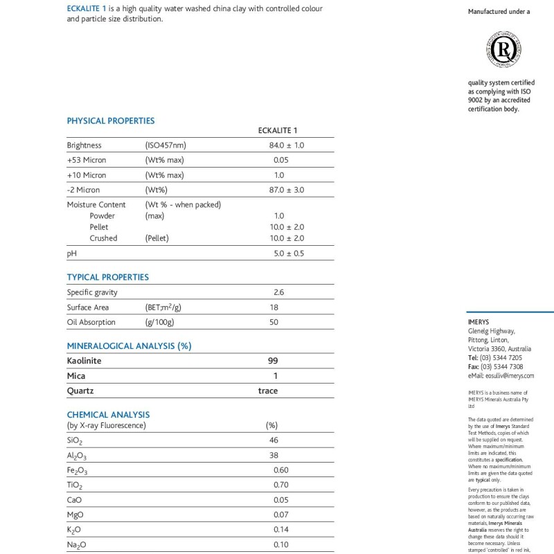 Kaolin Eckalite 1 (IMERYS Australia) | Glazy
